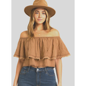 Zara Womens Cropped Boho Linen Top Size XS Ruffle Western Dusty Rose Pink Fringe